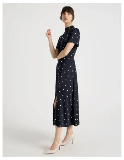Basque Short Sleeve Satin High Neck Midi Dress in Black and White Polka Dot Print