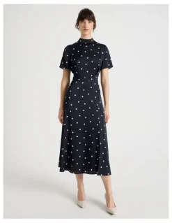 Basque Short Sleeve Satin High Neck Midi Dress in Black and White Polka Dot Print