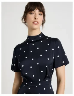 Basque Short Sleeve Satin High Neck Midi Dress in Black and White Polka Dot Print