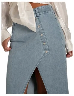Belle & Bloom Can't Forget You Denim Midi Skirt in Stonewash