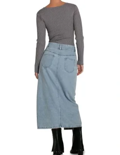 Belle & Bloom Can't Forget You Denim Midi Skirt in Stonewash