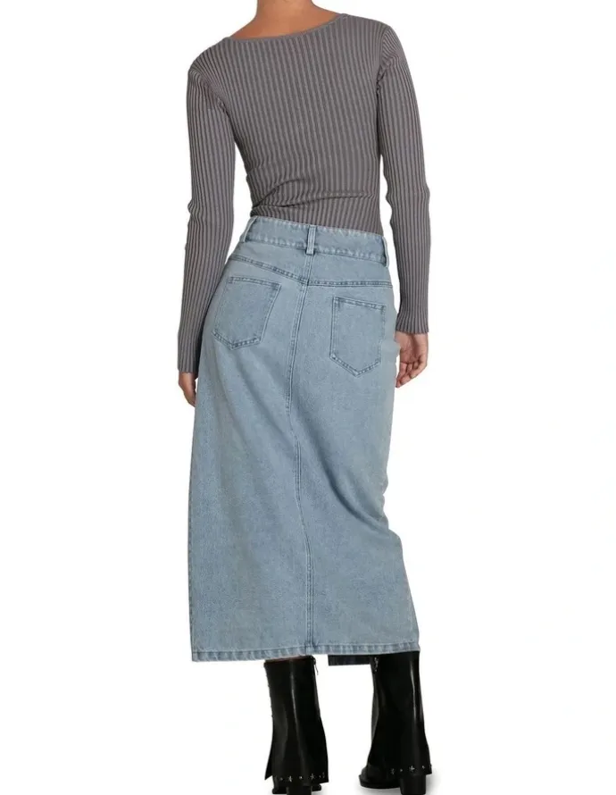 Belle & Bloom Can't Forget You Denim Midi Skirt in Stonewash