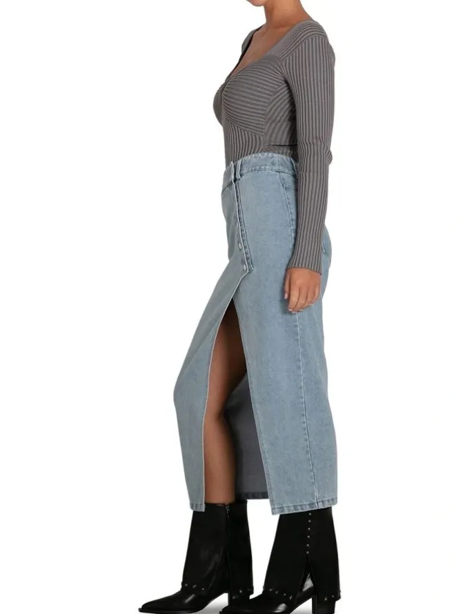Belle & Bloom Can't Forget You Denim Midi Skirt in Stonewash