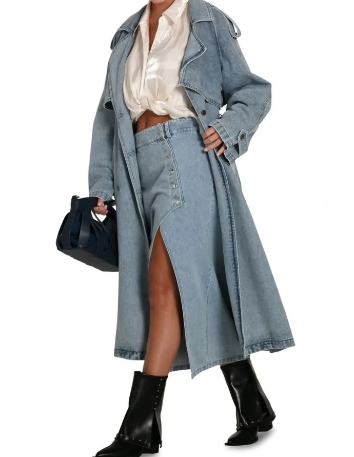 Belle & Bloom Can't Forget You Denim Midi Skirt in Stonewash