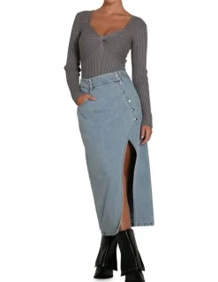 Belle & Bloom Can't Forget You Denim Midi Skirt in Stonewash