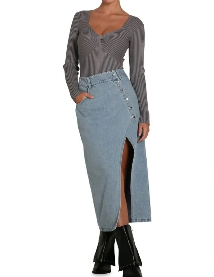 Belle & Bloom Can't Forget You Denim Midi Skirt in Stonewash