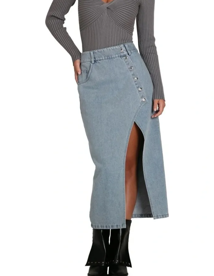 Belle & Bloom Can't Forget You Denim Midi Skirt in Stonewash