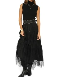 Belle & Bloom Dreamy Days Lace Tiered Skirt in Black