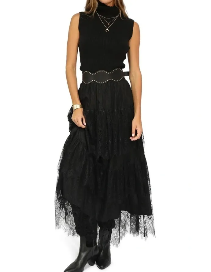 Belle & Bloom Dreamy Days Lace Tiered Skirt in Black