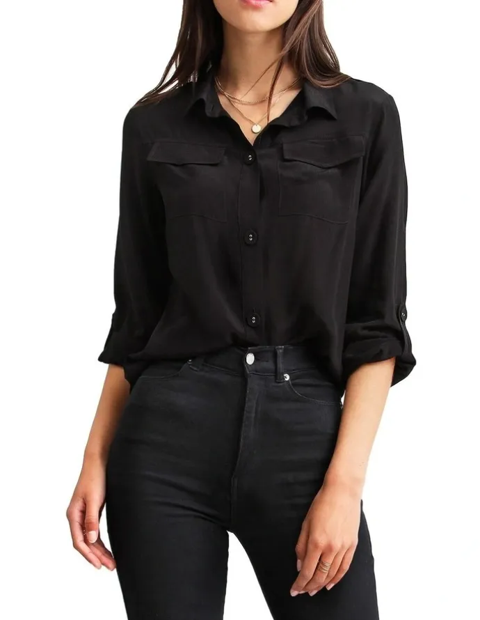 Belle & Bloom Eclipse Black Rolled Sleeve Blouse in Black