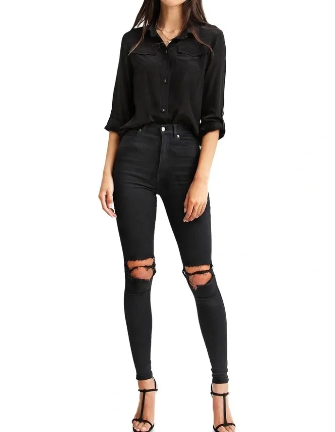 Belle & Bloom Eclipse Black Rolled Sleeve Blouse in Black