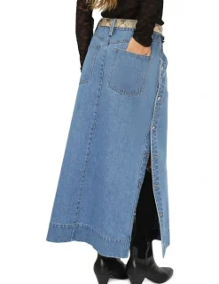 Belle & Bloom Edge Line Denim Maxi Skirt with Side Buttons in Mid Denim Wash