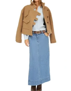 Belle & Bloom Edge Line Denim Maxi Skirt with Side Buttons in Mid Denim Wash
