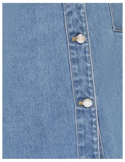 Belle & Bloom Edge Line Denim Maxi Skirt with Side Buttons in Mid Denim Wash