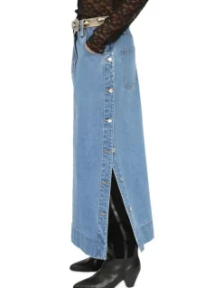 Belle & Bloom Edge Line Denim Maxi Skirt with Side Buttons in Mid Denim Wash