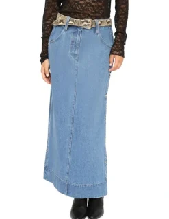 Belle & Bloom Edge Line Denim Maxi Skirt with Side Buttons in Mid Denim Wash