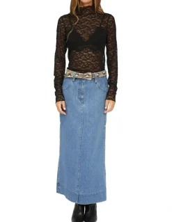 Belle & Bloom Edge Line Denim Maxi Skirt with Side Buttons in Mid Denim Wash