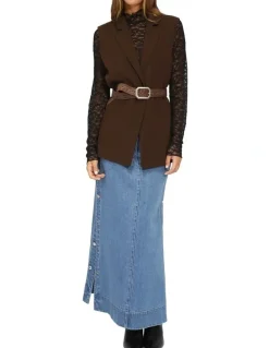 Belle & Bloom Edge Line Denim Maxi Skirt with Side Buttons in Mid Denim Wash
