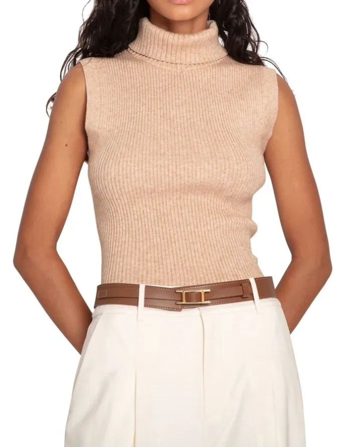 Belle & Bloom Equation Sleeveless Turtle Neck Knit in Camel