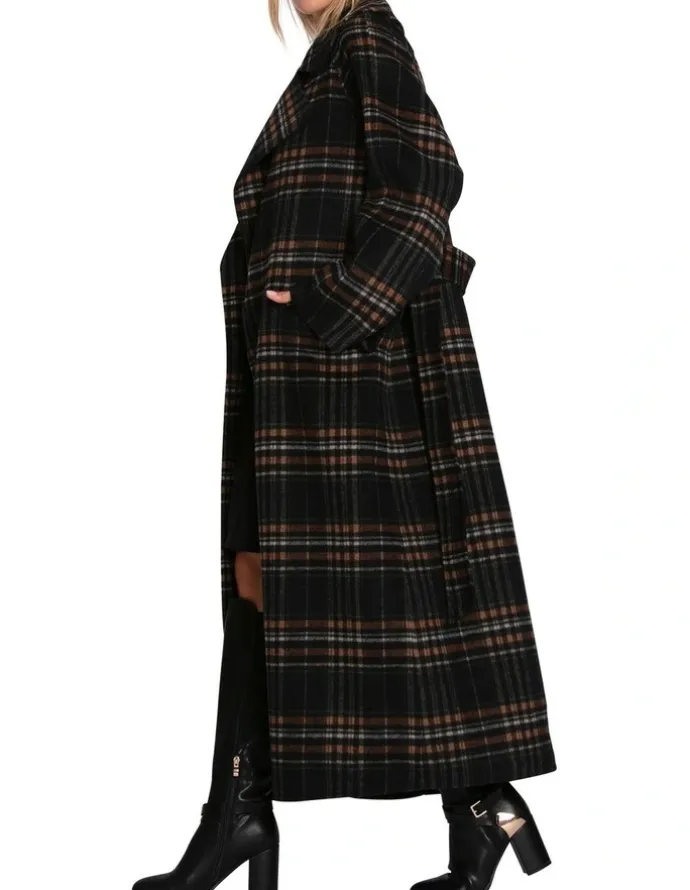Belle & Bloom Heart To Heart Large Collar Maxi Coat in Black Plaid