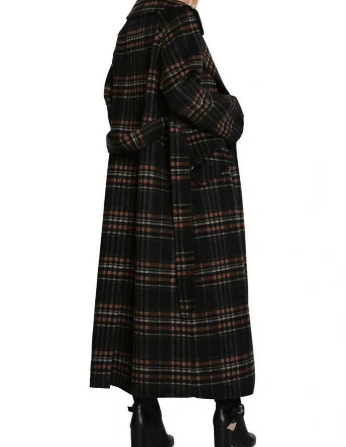 Belle & Bloom Heart To Heart Large Collar Maxi Coat in Black Plaid