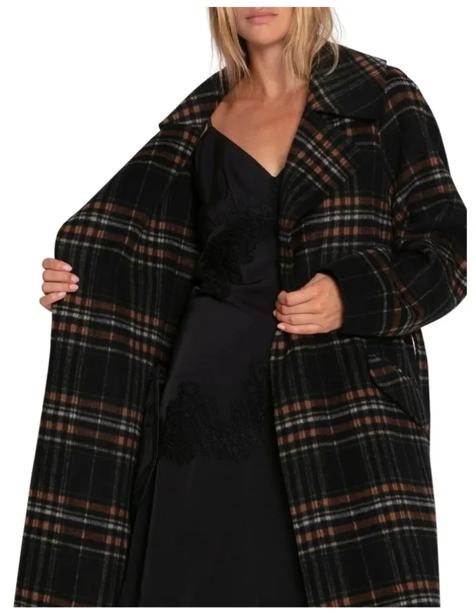 Belle & Bloom Heart To Heart Large Collar Maxi Coat in Black Plaid