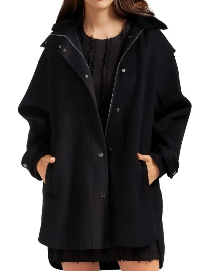 Belle & Bloom Heavy Hearted Detachable Hooded Coat in Black