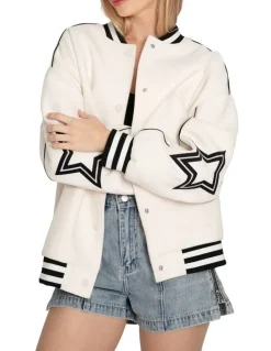 Belle & Bloom Hold Me Close Letterman Bomber Jacket in White