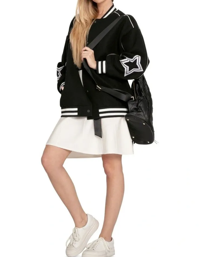 Belle & Bloom Hold Me Close Letterman Bomber Jacket in Black