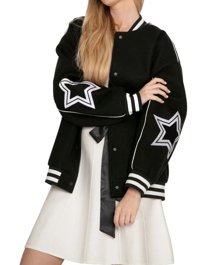 Belle & Bloom Hold Me Close Letterman Bomber Jacket in Black