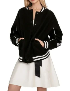 Belle & Bloom Hold Me Close Letterman Bomber Jacket in Black