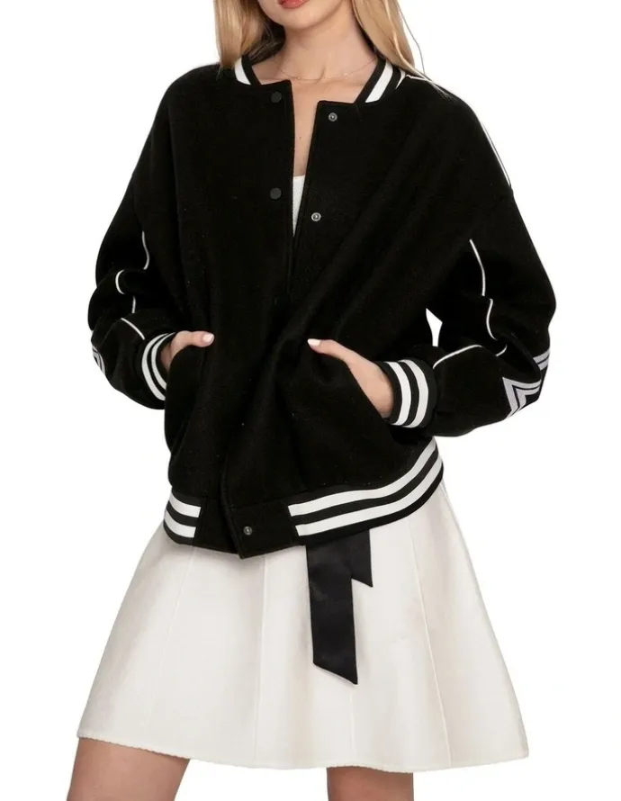 Belle & Bloom Hold Me Close Letterman Bomber Jacket in Black