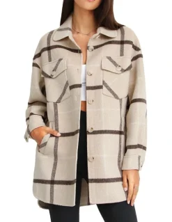 Belle & Bloom River's Edge Plaid Shacket in Beige