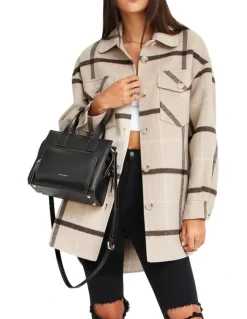 Belle & Bloom River's Edge Plaid Shacket in Beige
