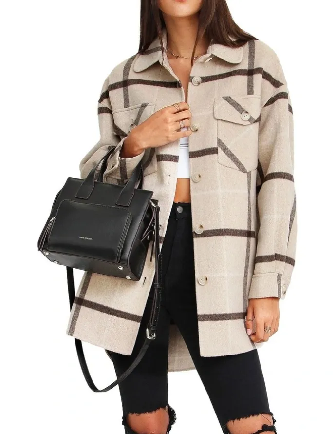Belle & Bloom River's Edge Plaid Shacket in Beige
