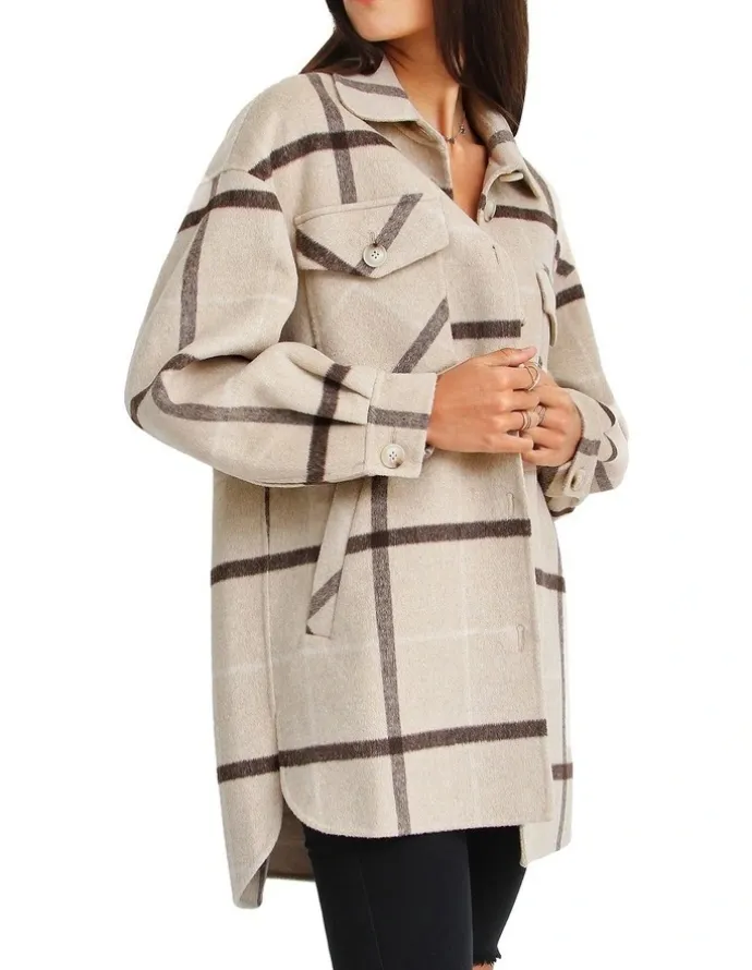 Belle & Bloom River's Edge Plaid Shacket in Beige