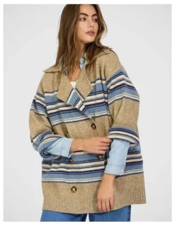 Belle & Bloom So Many Likes Oversized Knitted Cardi Coat in Grey and Blue Stripe