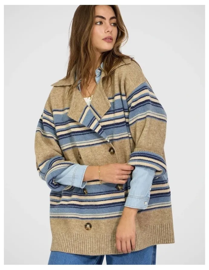 Belle & Bloom So Many Likes Oversized Knitted Cardi Coat in Grey and Blue Stripe
