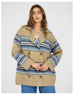 Belle & Bloom So Many Likes Oversized Knitted Cardi Coat in Grey and Blue Stripe