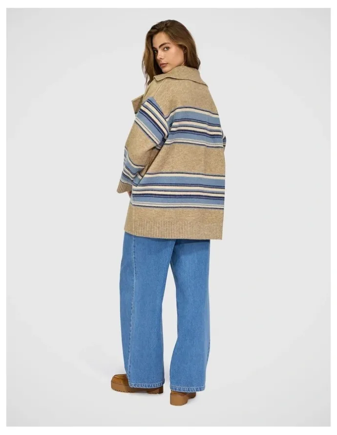 Belle & Bloom So Many Likes Oversized Knitted Cardi Coat in Grey and Blue Stripe