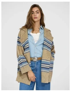 Belle & Bloom So Many Likes Oversized Knitted Cardi Coat in Grey and Blue Stripe