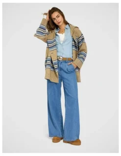 Belle & Bloom So Many Likes Oversized Knitted Cardi Coat in Grey and Blue Stripe