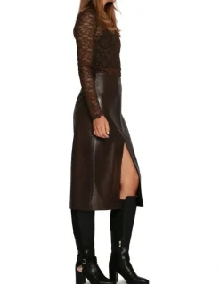 Belle & Bloom Understated Leather Pencil Skirt in Chocolate