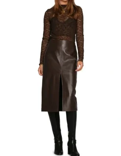 Belle & Bloom Understated Leather Pencil Skirt in Chocolate