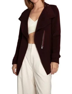 Belle & Bloom Wool Blend Moto Coat in Burgundy
