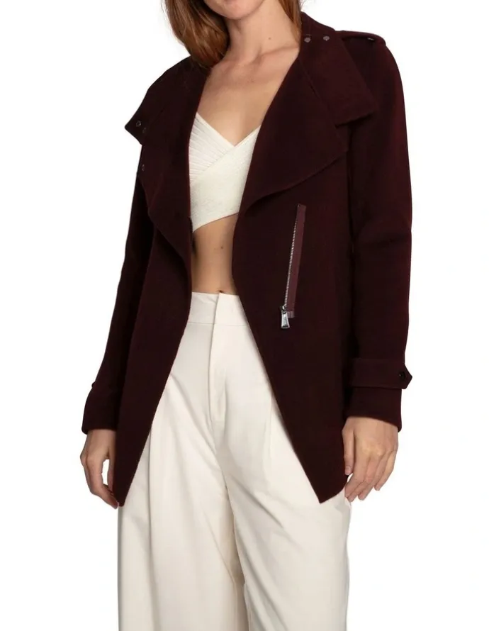 Belle & Bloom Wool Blend Moto Coat in Burgundy
