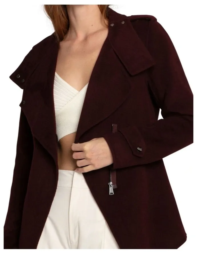 Belle & Bloom Wool Blend Moto Coat in Burgundy