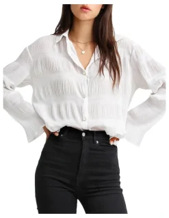 Belle & Bloom Yoko Shirred Cream Chiffon Blouse in Cream