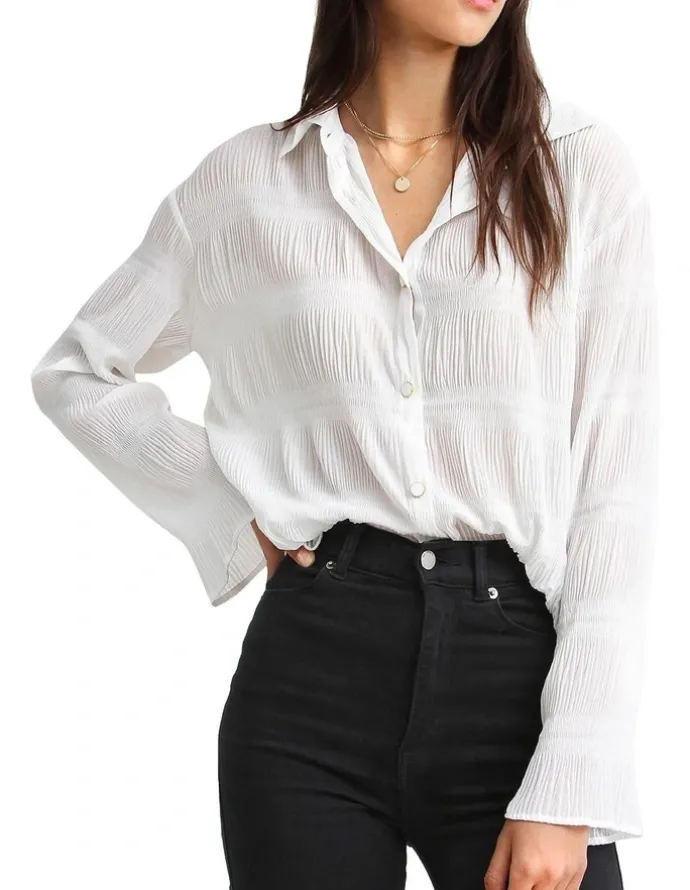Belle & Bloom Yoko Shirred Cream Chiffon Blouse in Cream