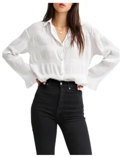Belle & Bloom Yoko Shirred Cream Chiffon Blouse in Cream
